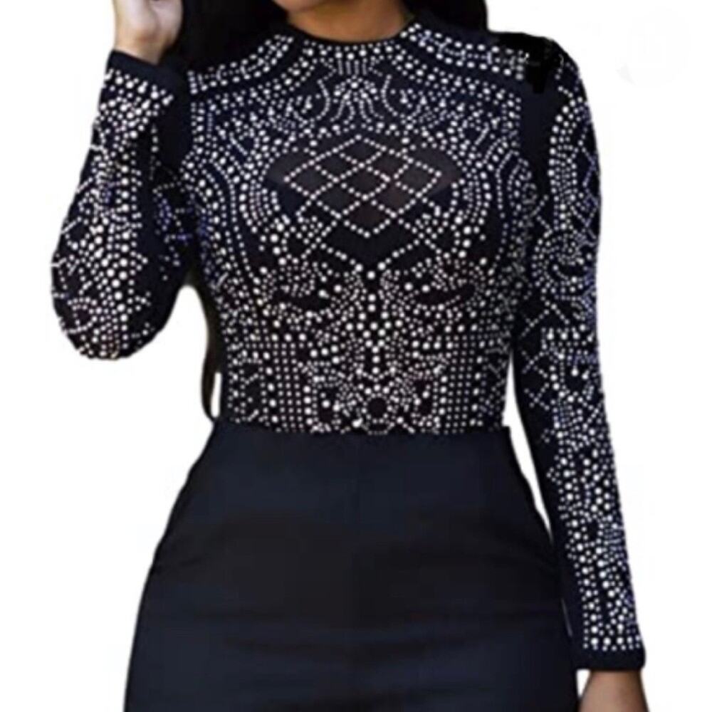Charlotte Russe Black Embellished Bodysuit Sz Small Semi Sheer Studded Blouse